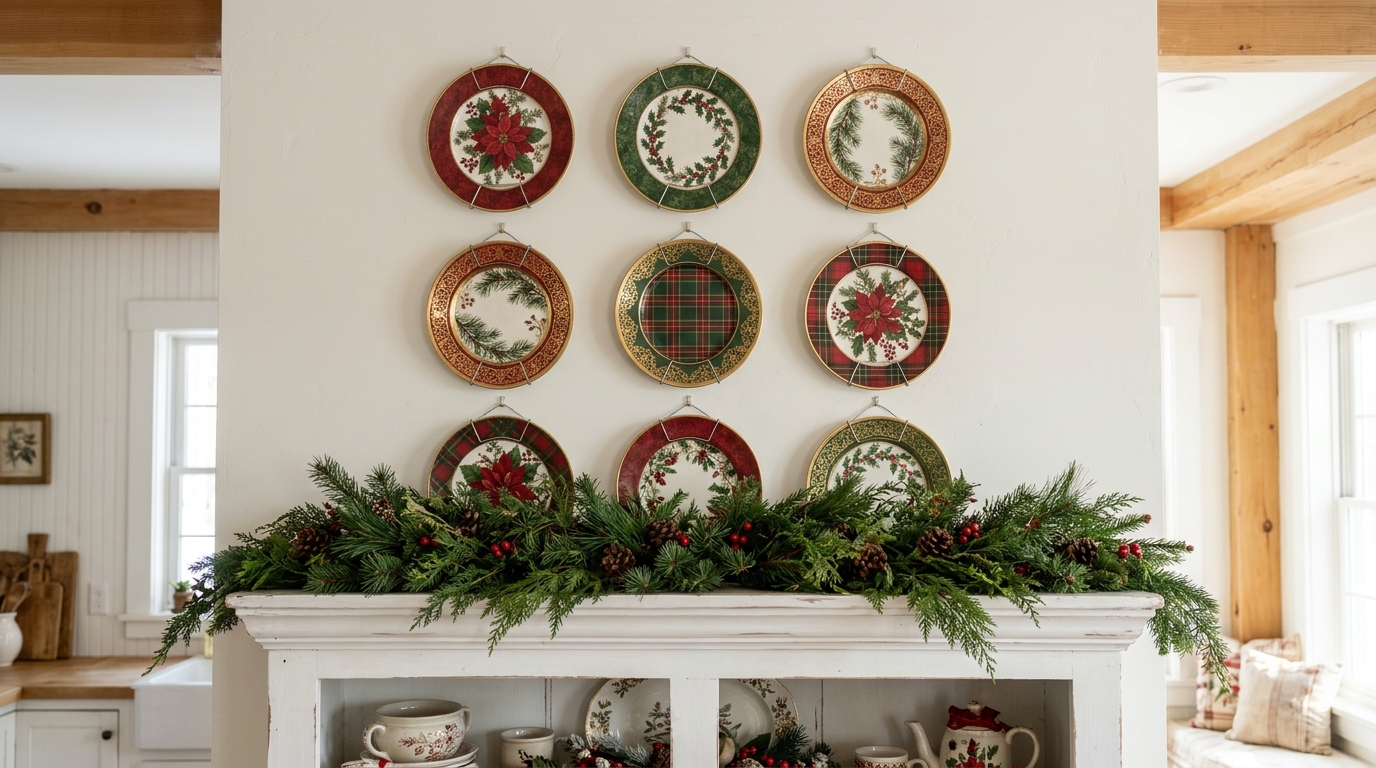 Decoupage Christmas plates hung in a neat grid above a white kitchen hutch