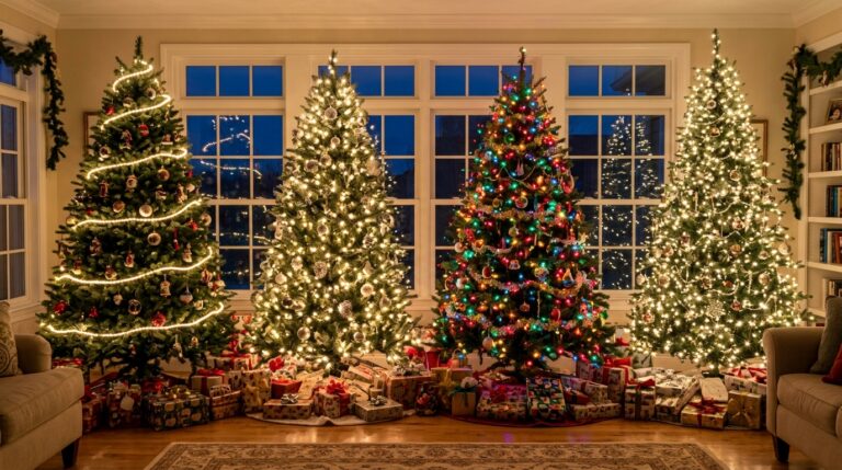 Christmas tree lighting styles side by side, four trees with spiral, warm white, multicolor and fairy lights in a cozy living room