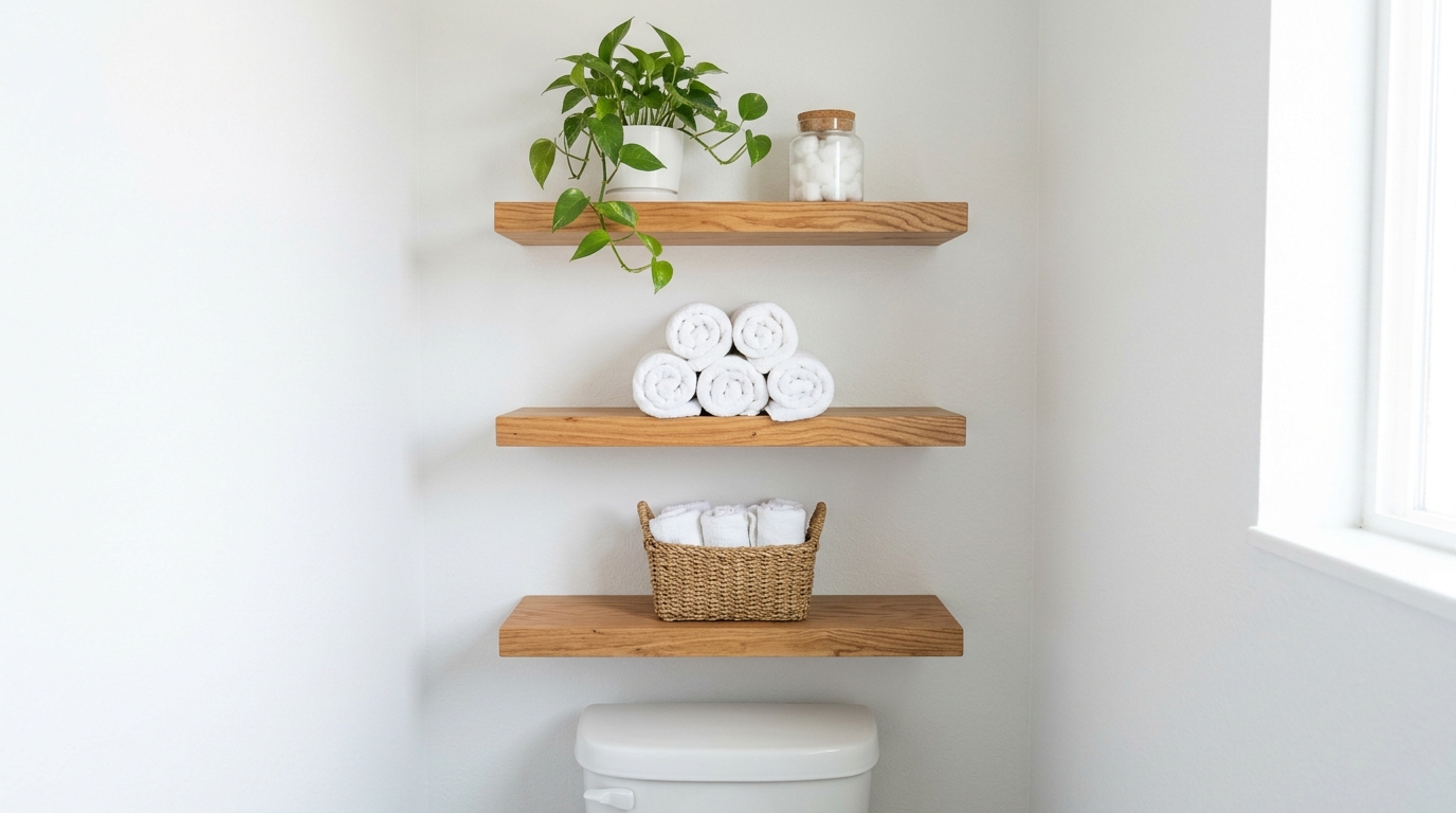 DIY floating shelves above a toilet holding rolled white towels, a plant and a basket