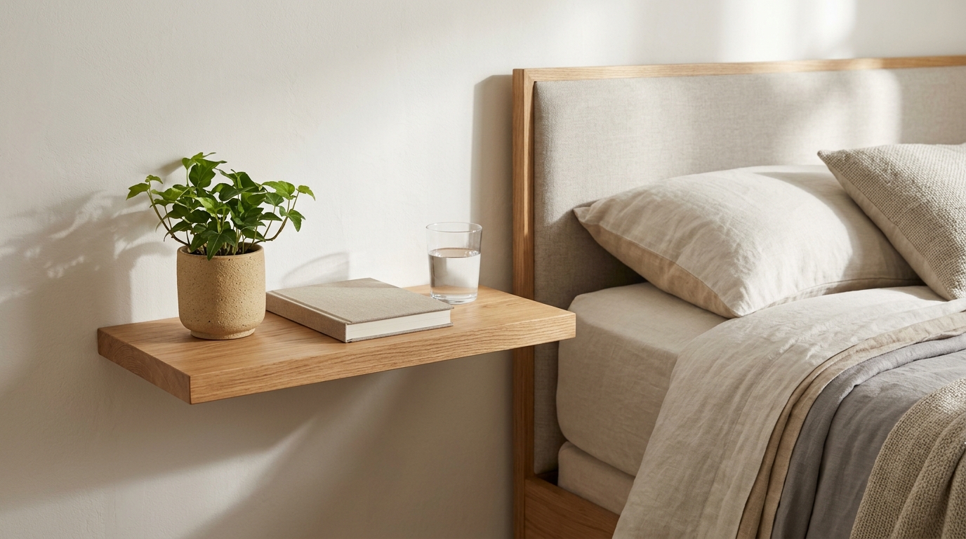 Single wooden wall shelf beside a bed holding a book, a water glass and a small plant