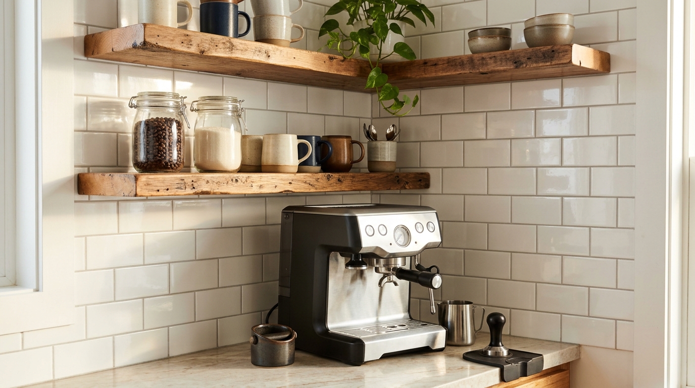 DIY floating shelves above a home coffee station holding mugs and glass jars
