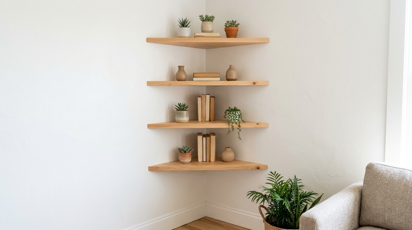 Light pine triangle corner shelves stepping up a living room corner with succulents