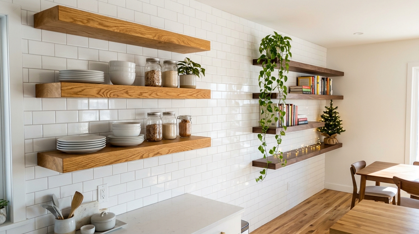 DIY floating shelves in chunky oak on a white tiled kitchen wall with dishes, jars and plants