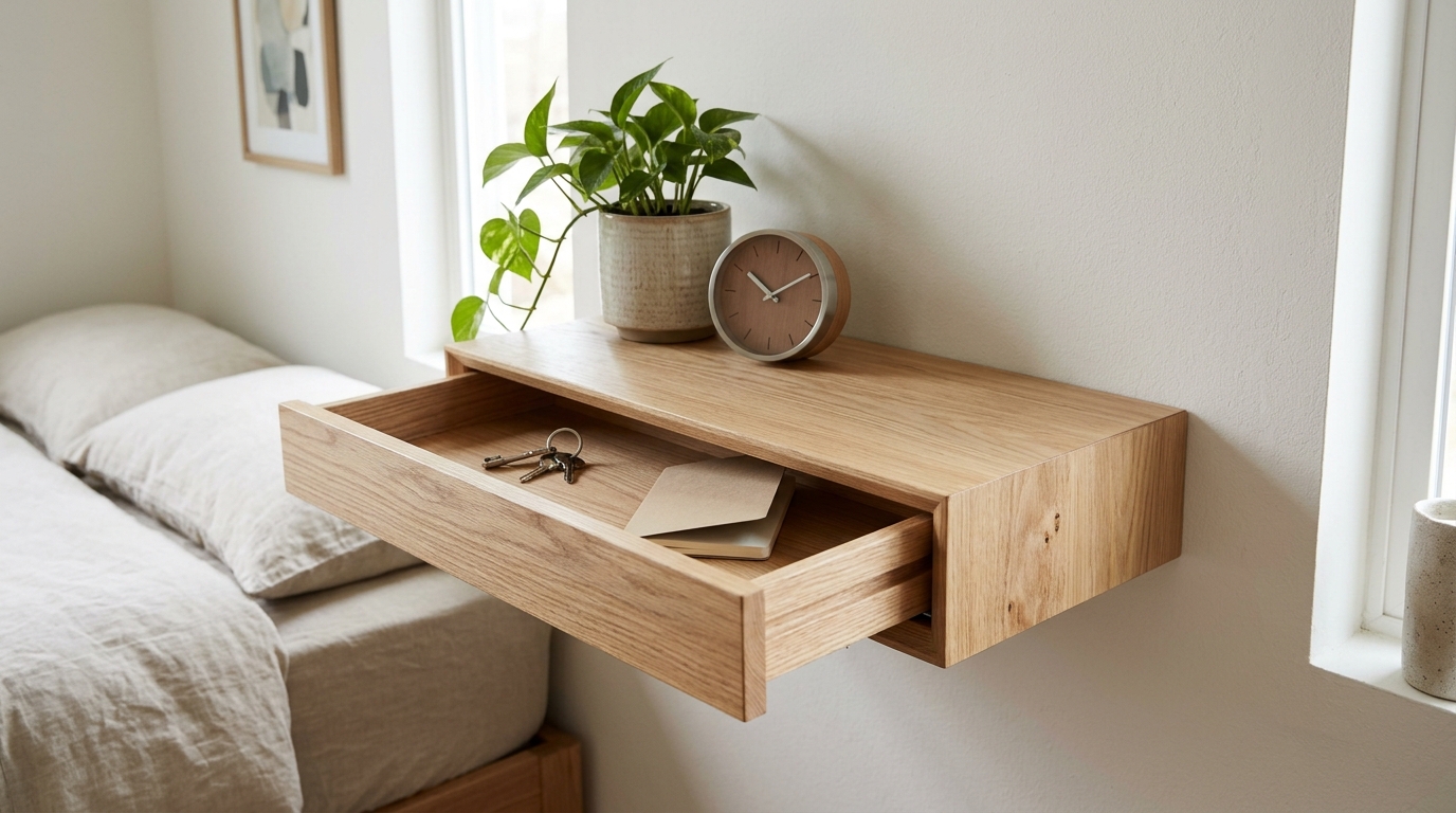 DIY floating shelves idea, a light oak shelf with a hidden drawer pulled open