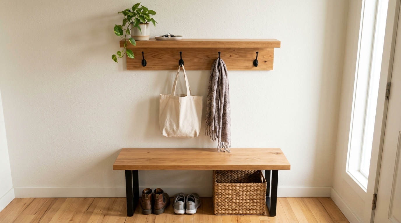 DIY floating shelves in an entryway with black coat hooks underneath and a key tray on top