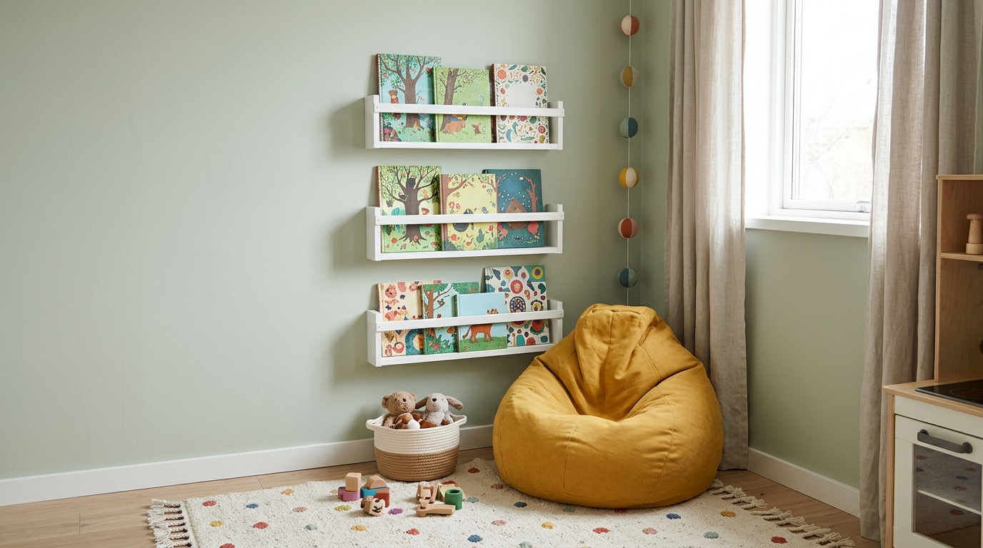 White book ledges at child height in a bright kids room with books facing out