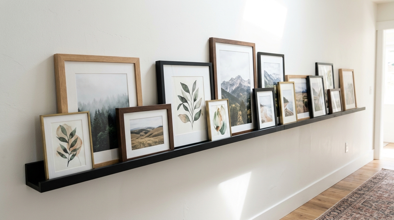 Black picture ledge on a white hallway wall with framed art leaning in layers
