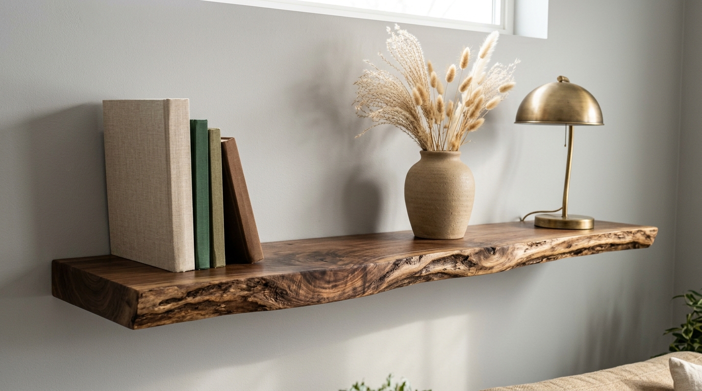 Thick live edge walnut shelf with a wavy natural edge on a grey wall