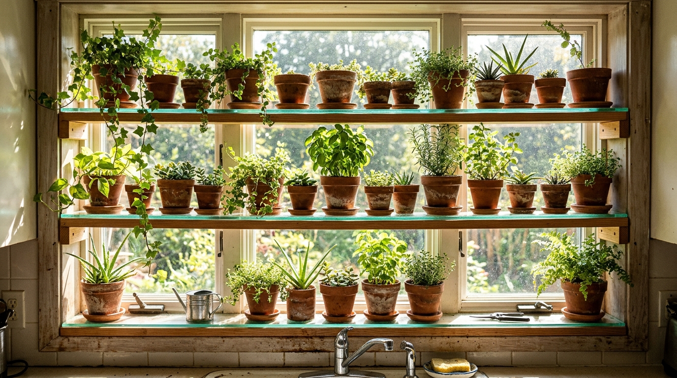Shelves across a sunny kitchen window crowded with herbs and succulents in clay pots
