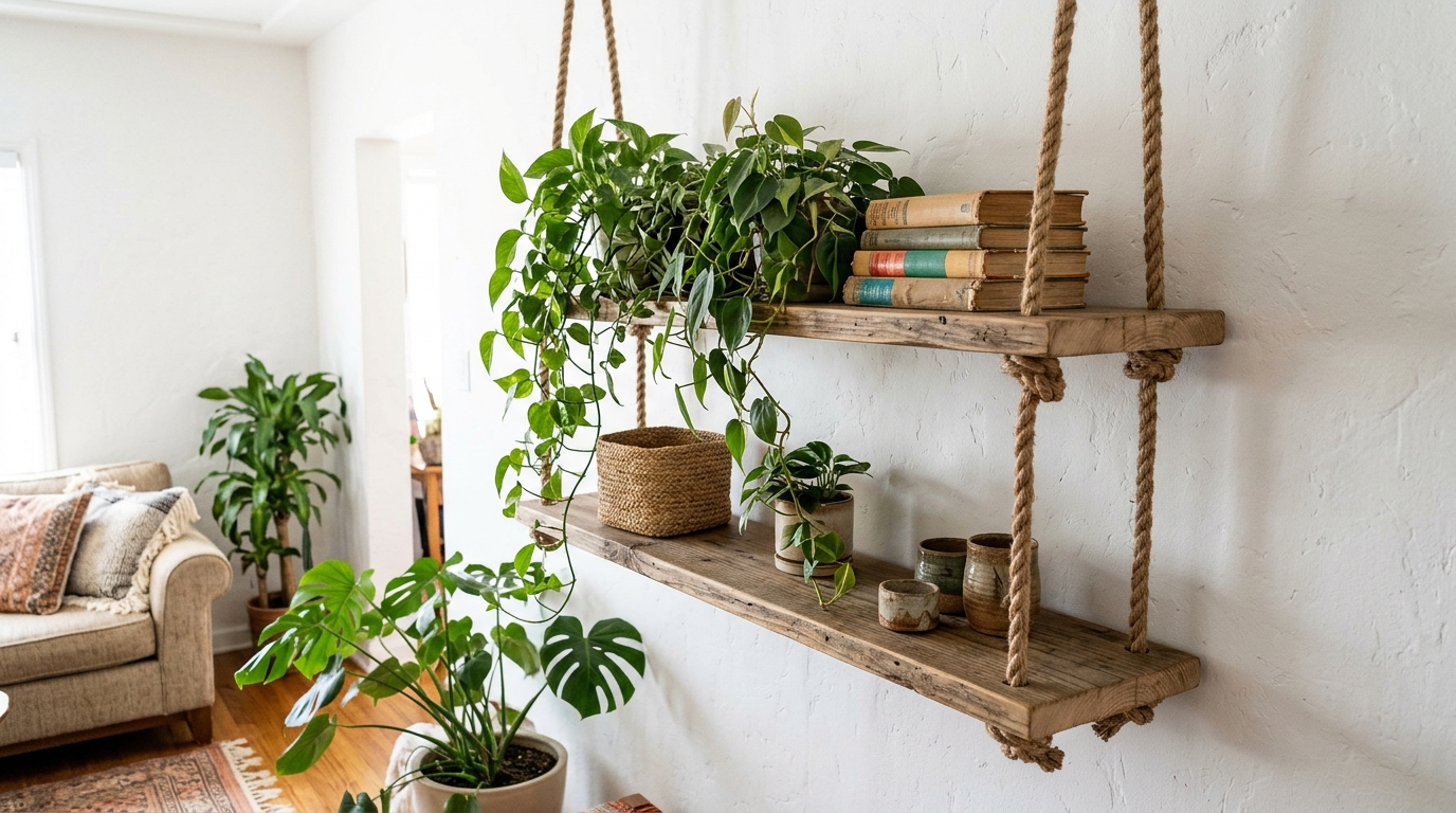 Two wooden plank shelves hanging from the ceiling on thick jute rope with trailing plants