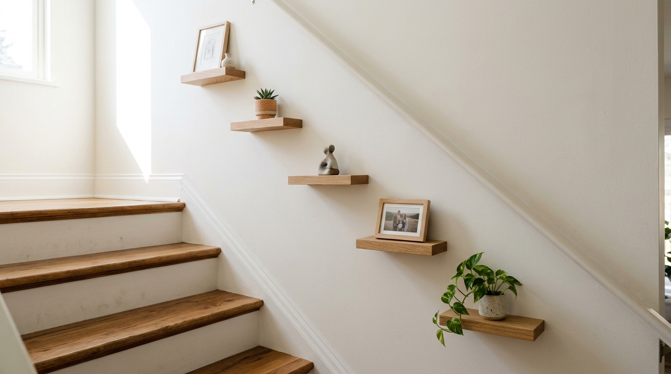 Small wooden shelves staggered diagonally up a staircase wall with plants and photos