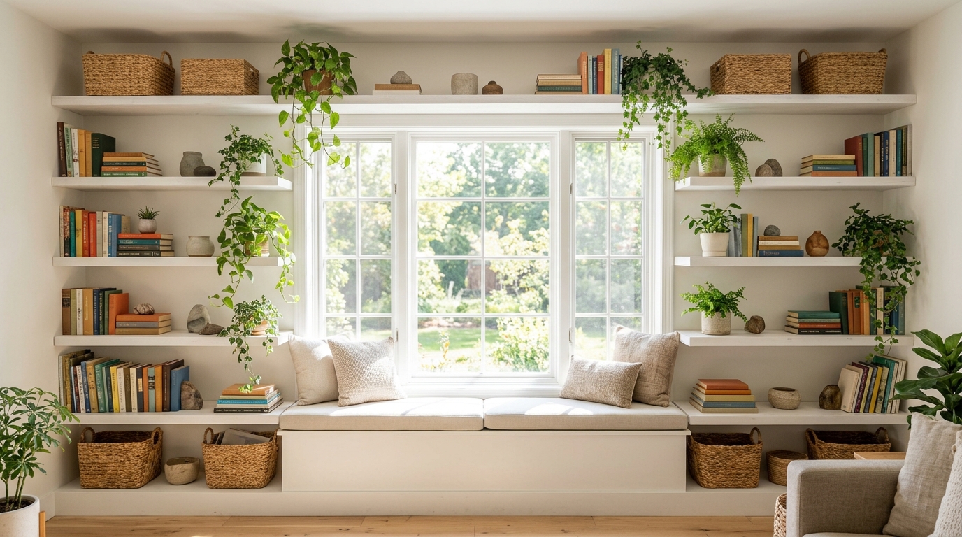White wooden shelves built around a living room window filled with books and baskets