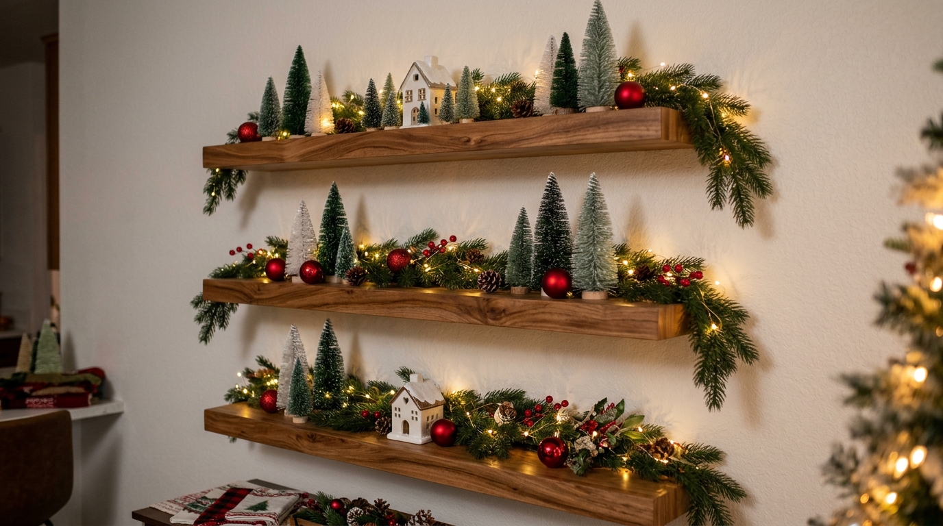 DIY floating shelves styled for Christmas with bottle brush trees, garland and LED lights