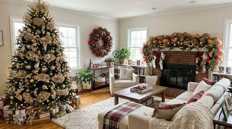 Deco mesh Christmas decor in a cozy living room with a mesh curl tree, a red and green wreath and a mantel garland