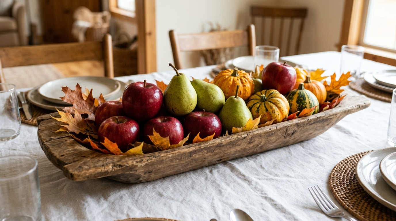 Wooden dough bowl filled with red apples, green pears and small gourds on a white tablecloth