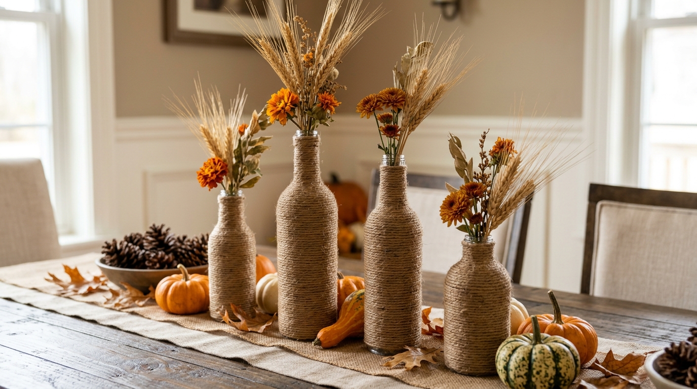 Glass bottles wrapped in jute twine holding dried wheat and orange flowers