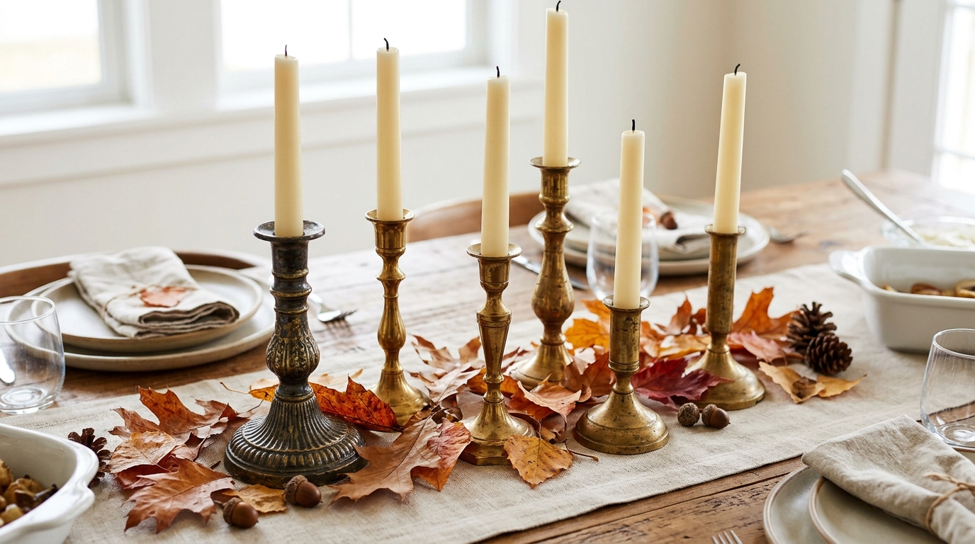 Cheap Thanksgiving decor with thrifted brass candlesticks holding battery LED tapers