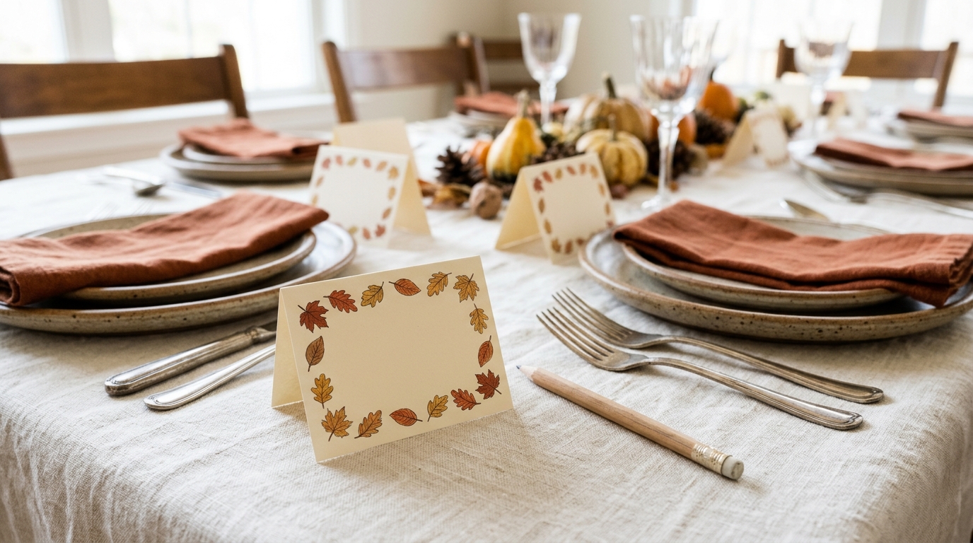 Blank cream thankful cards with a leaf border set in front of each plate