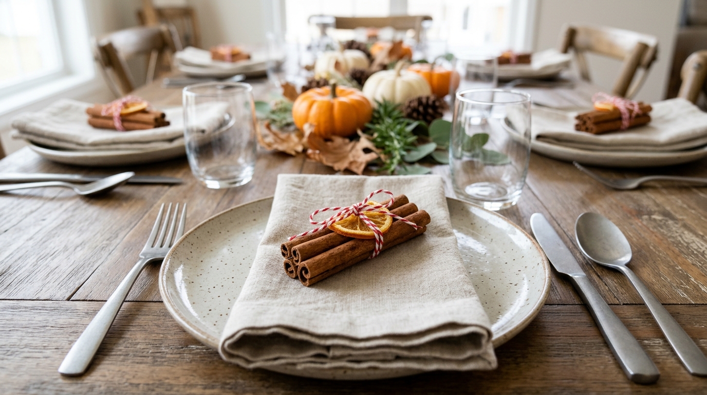 Cinnamon stick bundles tied with red and white twine on folded napkins
