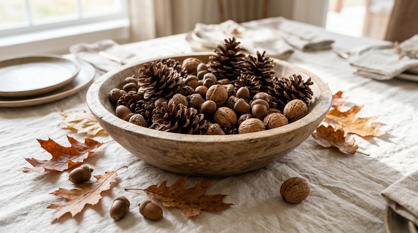 Cheap Thanksgiving decor bowl filled with pine cones, acorns and walnuts
