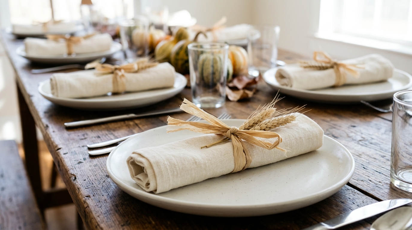 Cream napkins tied with dried corn husk bows on white plates