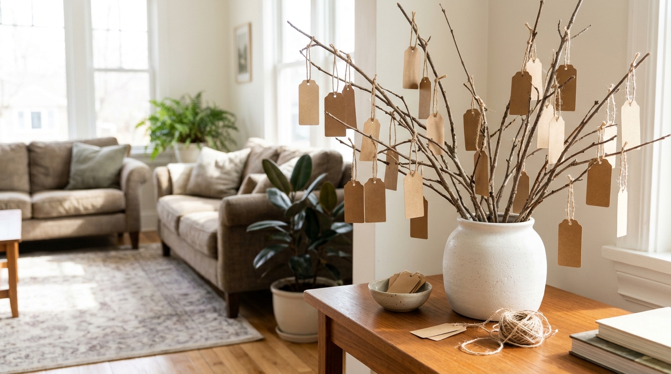 Cheap Thanksgiving decor gratitude tree of bare branches with kraft paper tags in a white pot