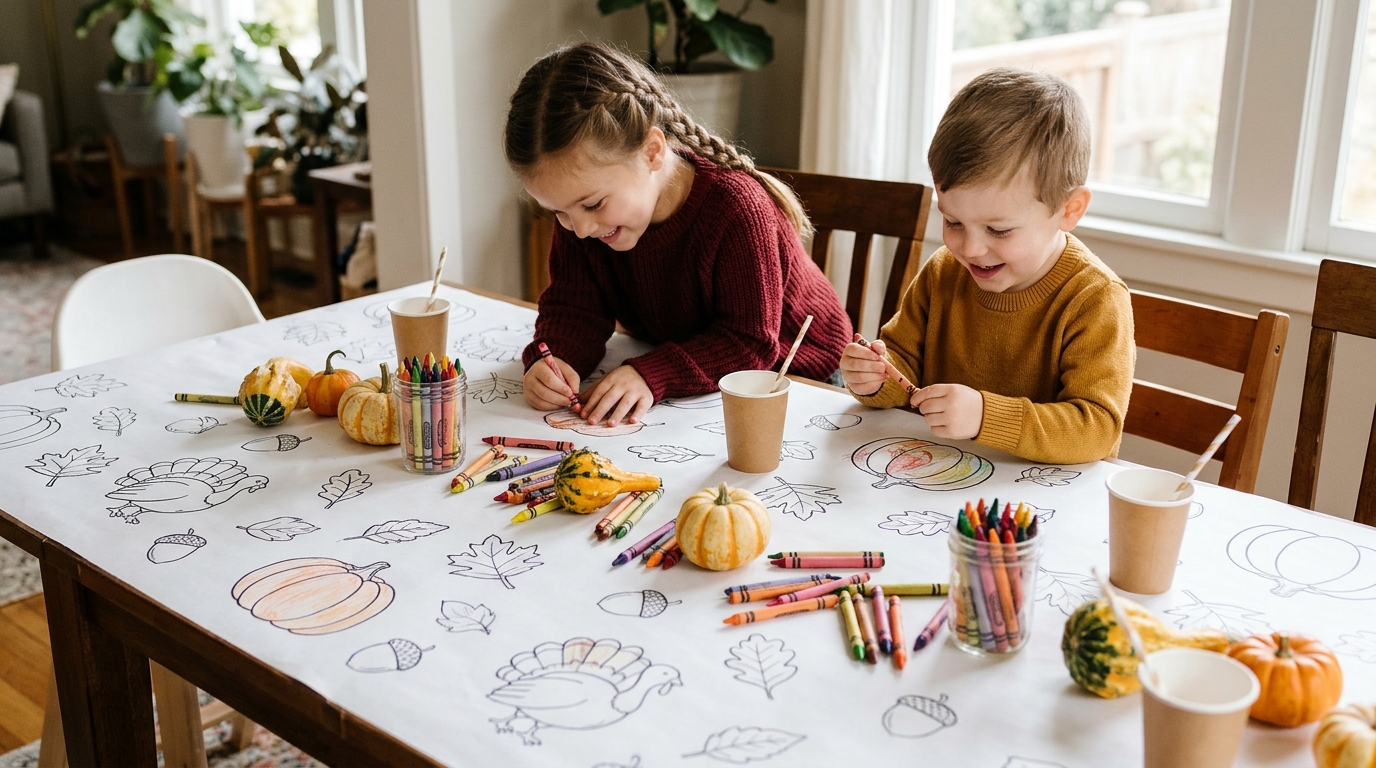 Cheap Thanksgiving decor for kids, a paper tablecloth with leaf and pumpkin drawings to color