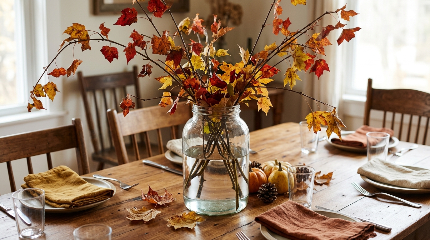 Glass jar of foraged branches with red, orange and yellow autumn leaves on a wooden table
