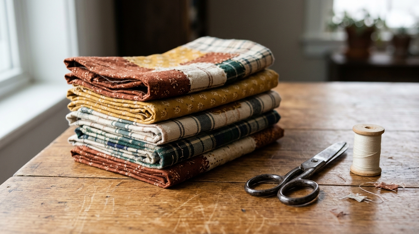Stack of homemade cloth napkins sewn from plaid and mustard fabric scraps