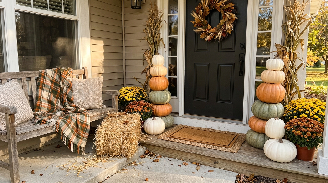 Front porch with stacked white, orange and sage faux pumpkins beside the door
