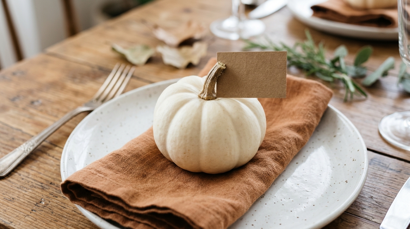 Cheap Thanksgiving decor idea, a white mini pumpkin holding a kraft paper place card on a dinner plate