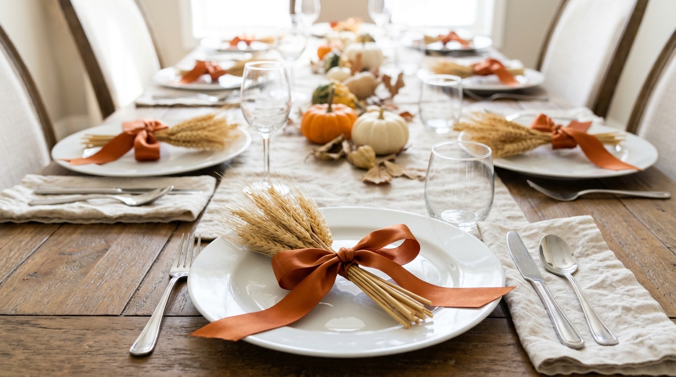 Bundle of golden dried wheat tied with a rust ribbon lying on a white plate