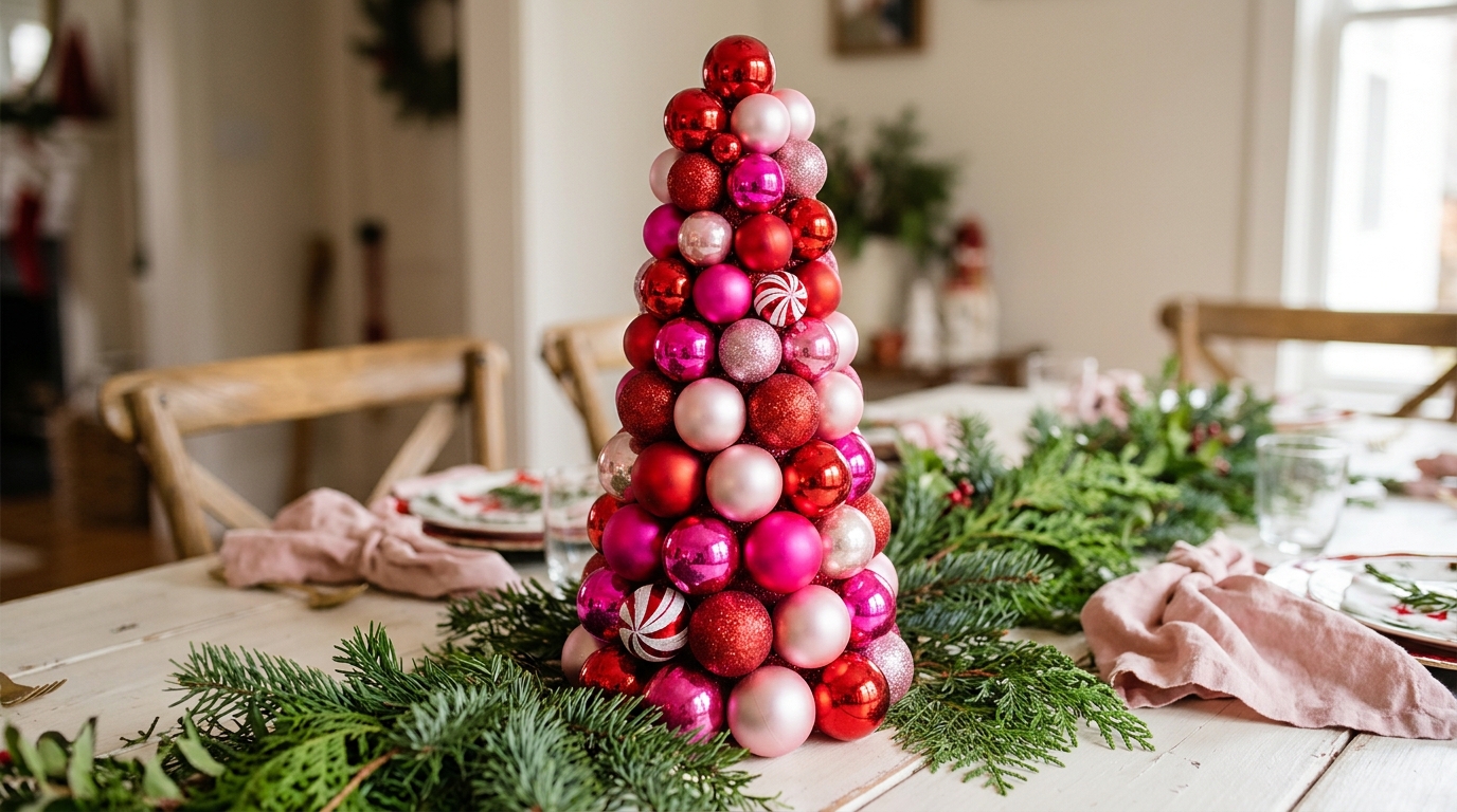Ornament tree ideas in candy colors, a red and pink bauble cone tree on a white table