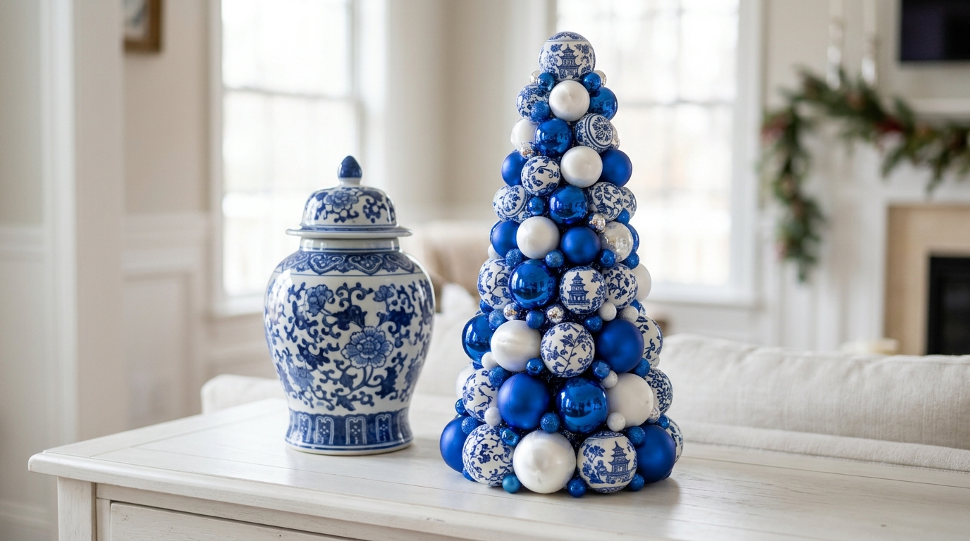 Blue and white bauble tree next to a ginger jar on a white table