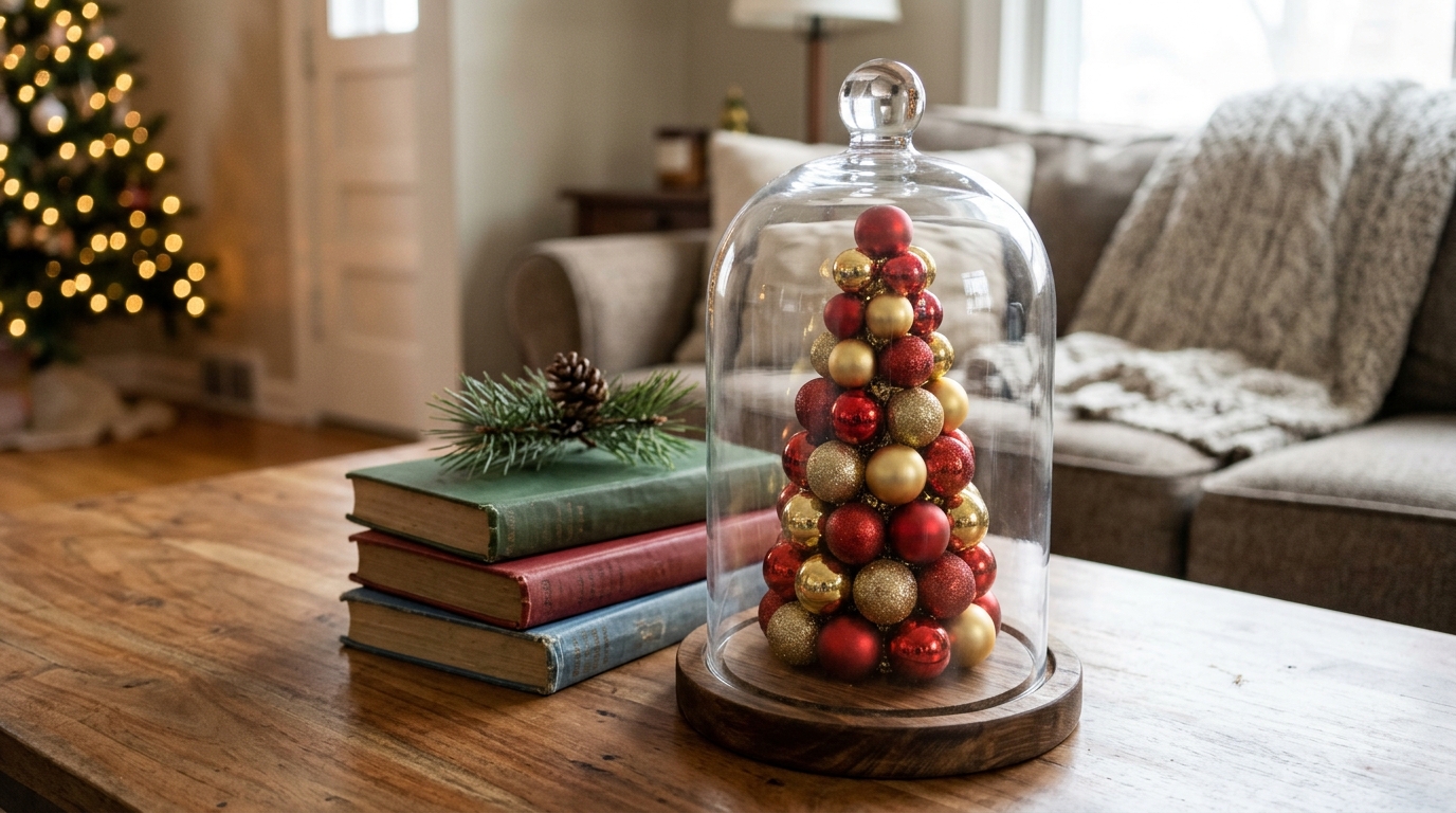 Tiny red and gold bauble tree under a glass bell jar on a coffee table