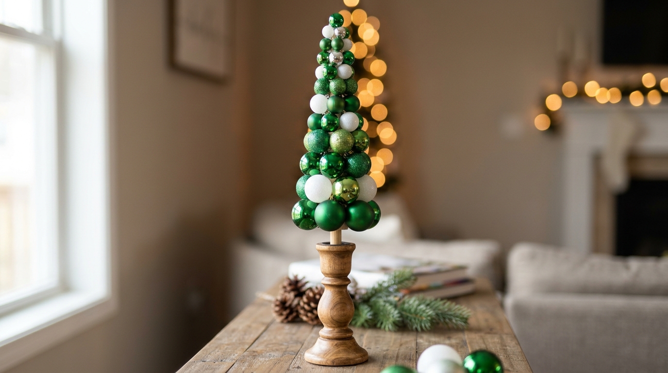 Ornament tree ideas on a dowel, green and white baubles rising from a wooden candlestick base