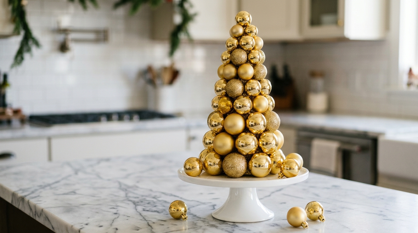 All gold mini tree made of glued baubles on a white cake stand