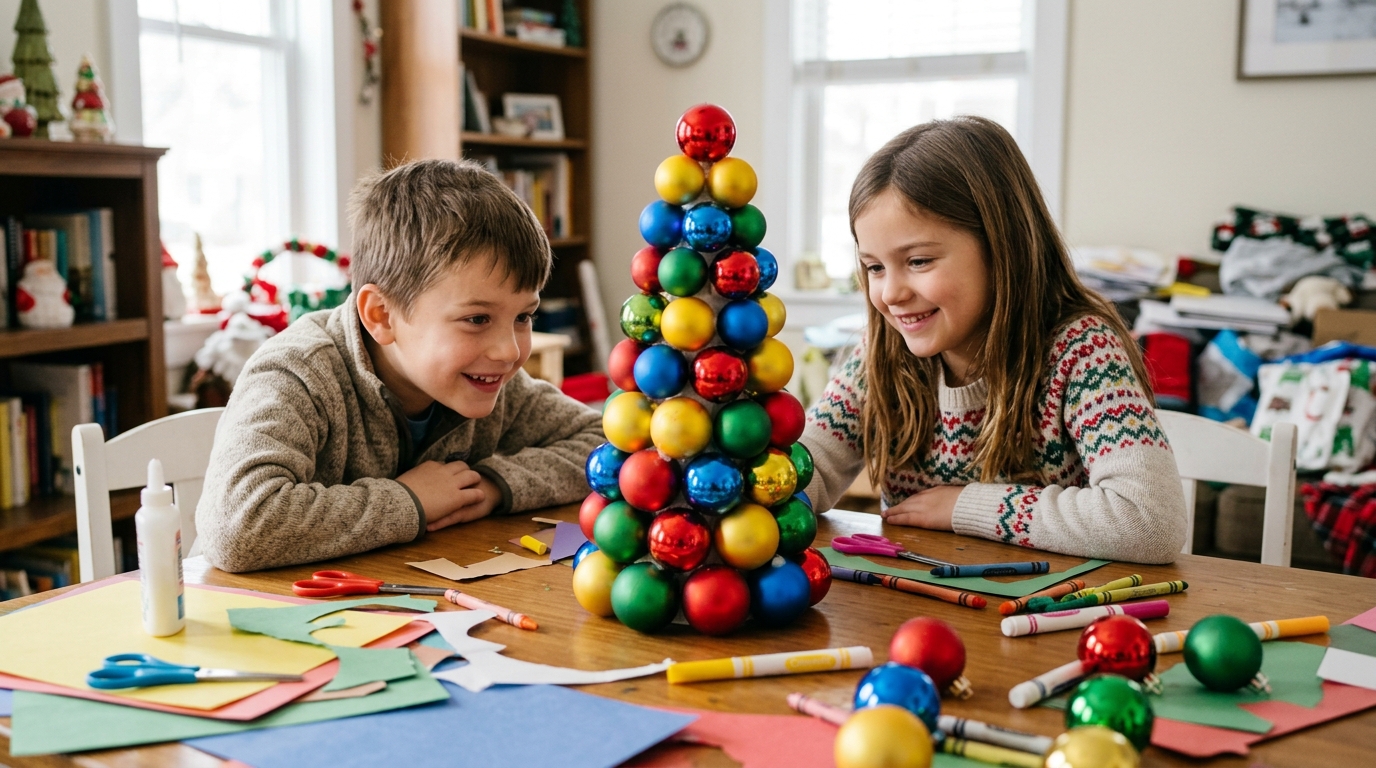 Two children admiring a colorful plastic ball tree on a craft table