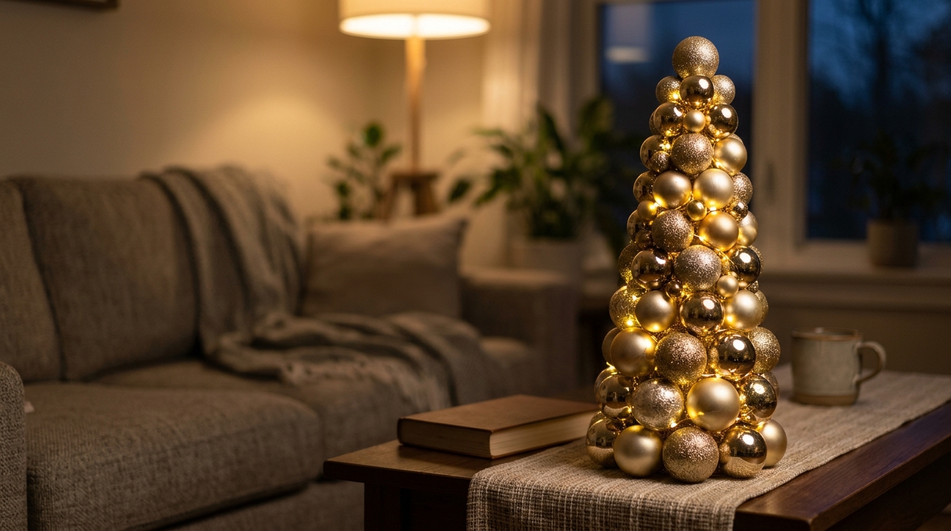 Ornament tree ideas finale, a gold bauble tree glowing with battery fairy lights