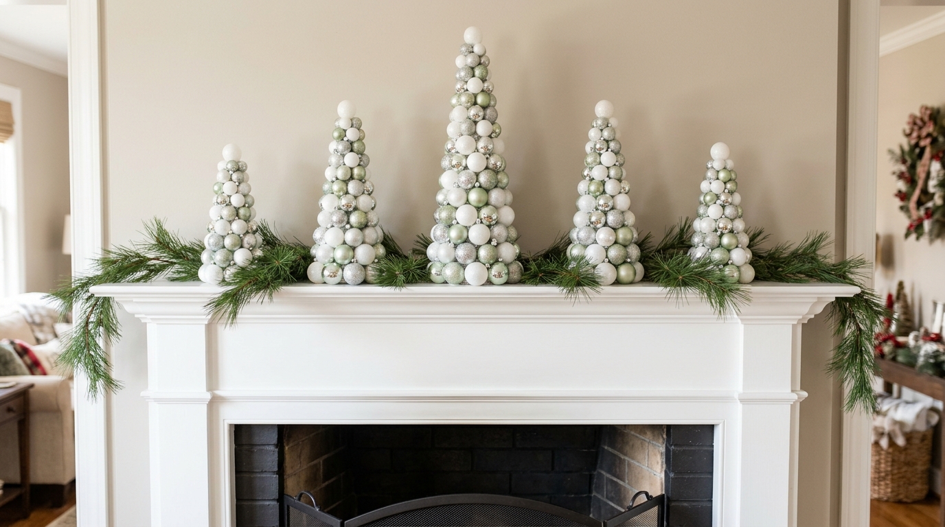 Ornament tree ideas for the mantel, five white and silver bauble trees in a row