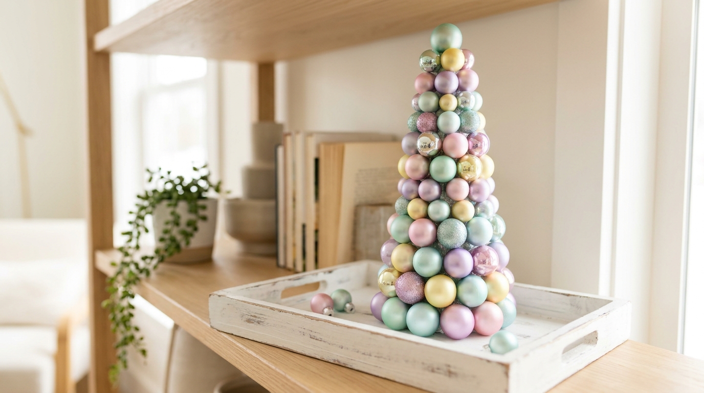 Mint, pink, lavender and yellow bauble tree on a white tray