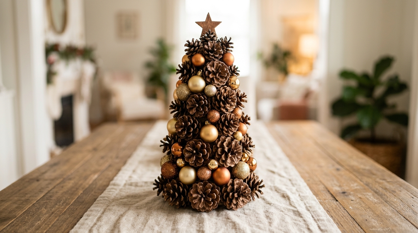 Ornament tree ideas with pine cones and gold and copper balls on a linen runner