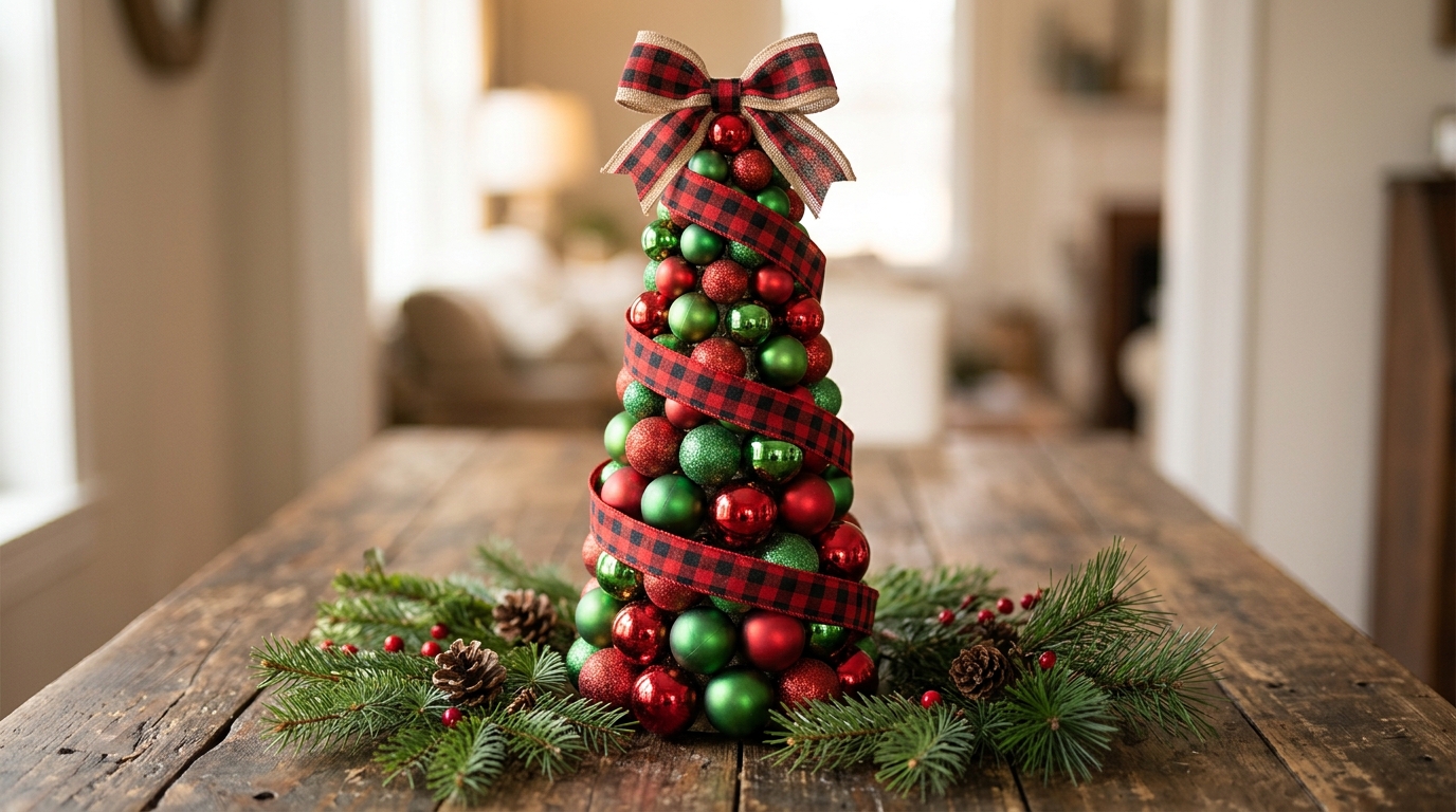Red and green ornament cone with buffalo plaid ribbon spiraling around it