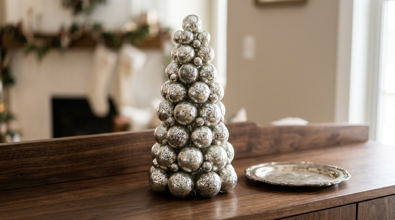 Mercury glass look silver ornament tree on a dark wood sideboard