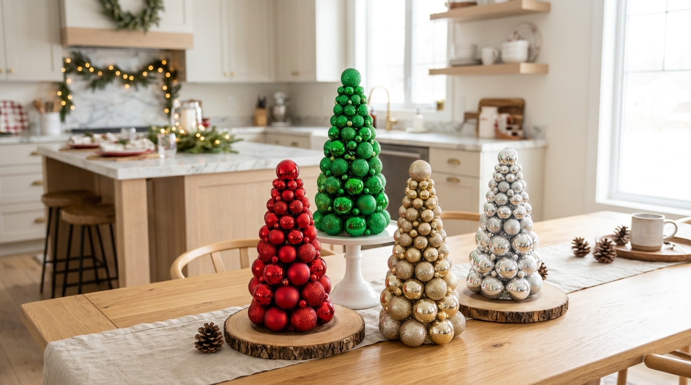 Ornament tree ideas in green, gold, red and silver on cake stands and wooden bases on a kitchen island
