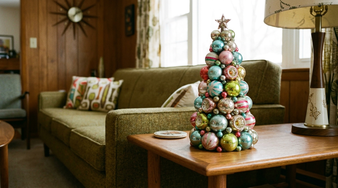 Retro style tree of small shiny ornaments in aqua, pink and lime on a side table