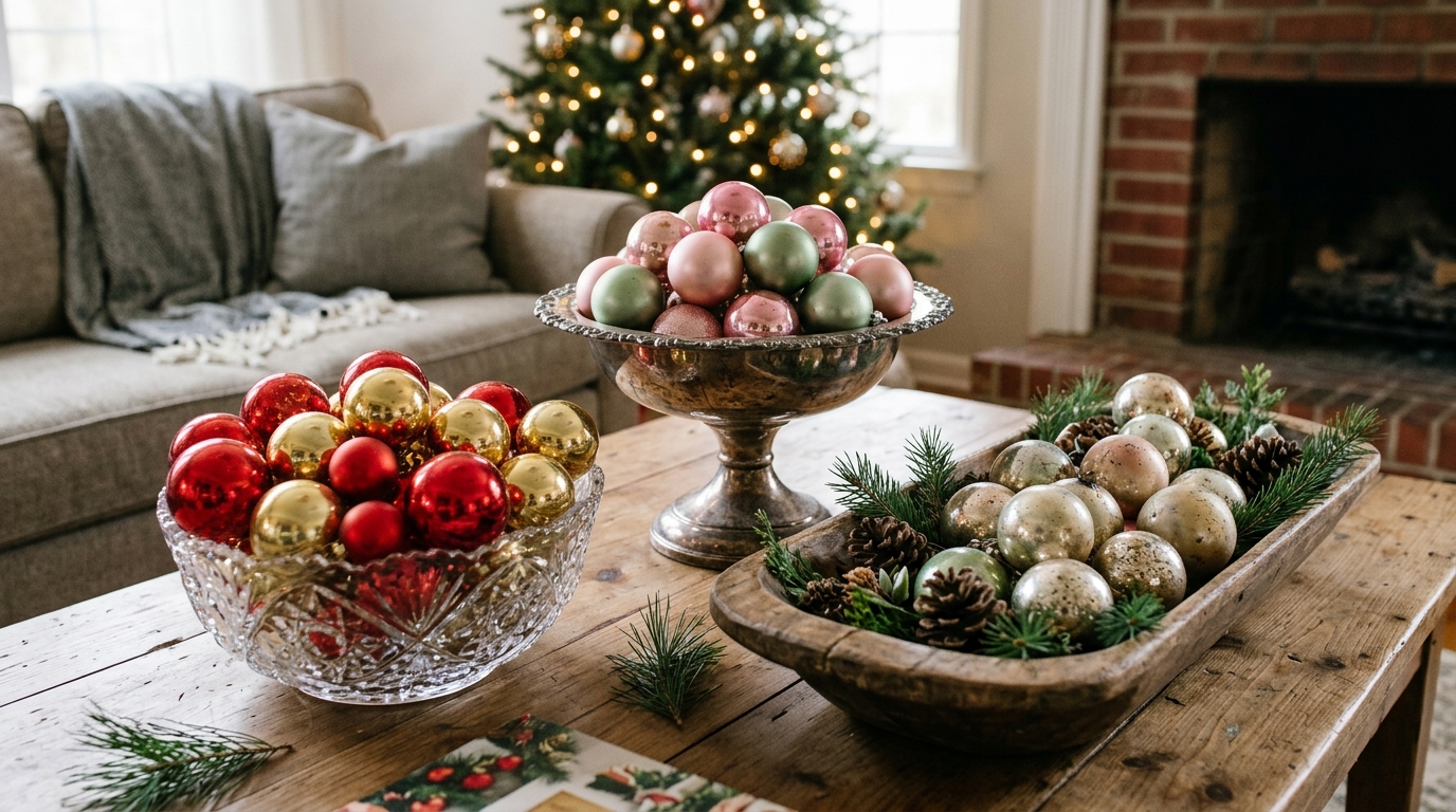 Bowls overflowing with shiny Christmas ball ornaments on a coffee table