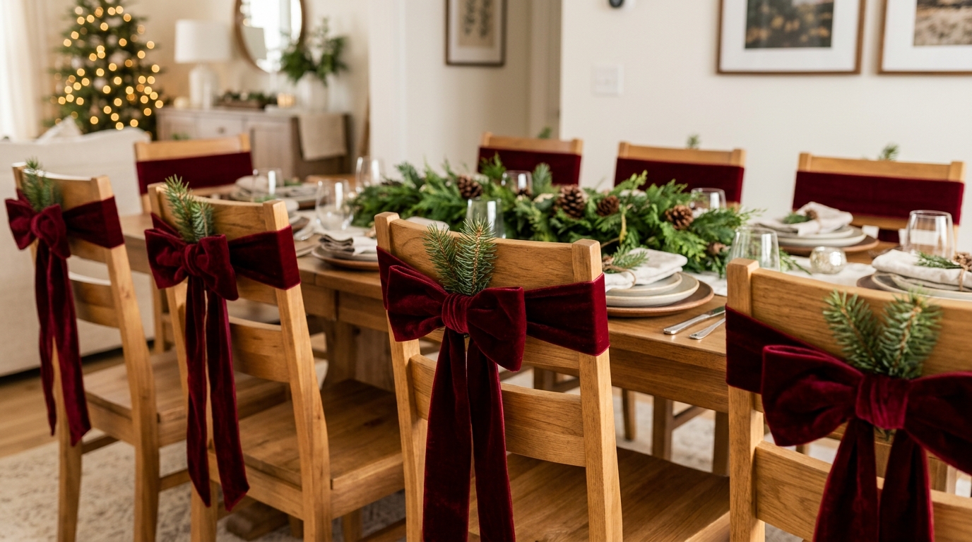 Maximalist Christmas decor in a dining room with burgundy velvet bows tied on each chair