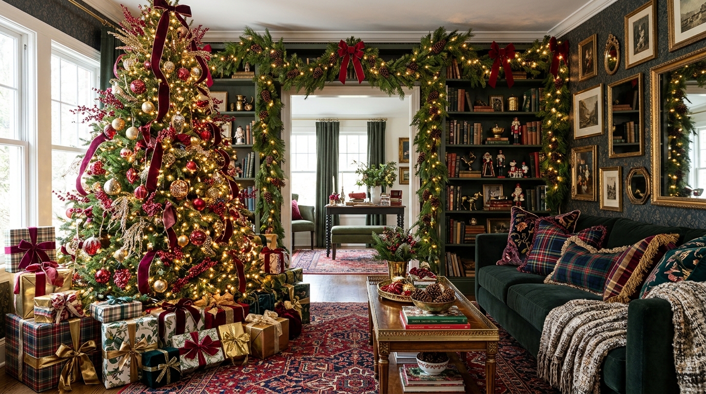 Maximalist Christmas decor in a living room with a fully loaded tree, velvet ribbon, garland and piles of gifts
