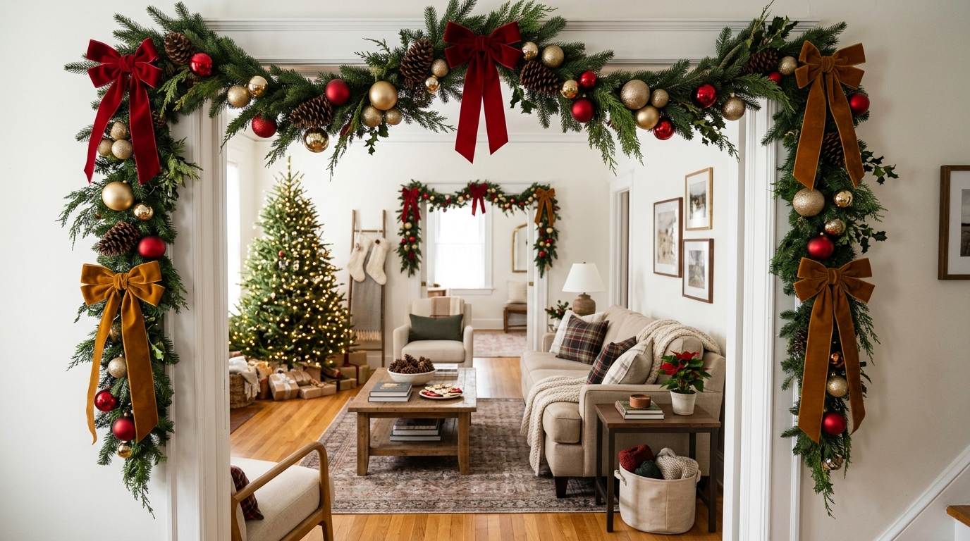 Maximalist Christmas decor with thick pine garland framing an interior doorway